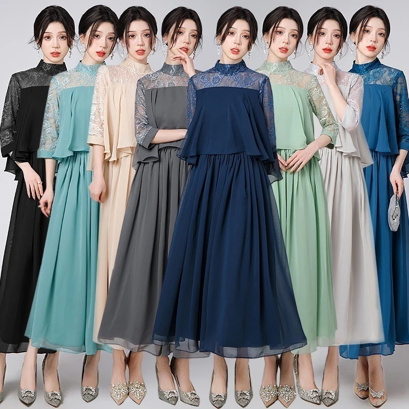 縁夢 イブニングドレス ドッキング レース シフォン ロングワンピース 七分袖 チュール イブパーティードレス キャバ 着痩せ 大人 同窓会 披露宴 卒業式 結婚式 演奏会 ウェディング 二次会