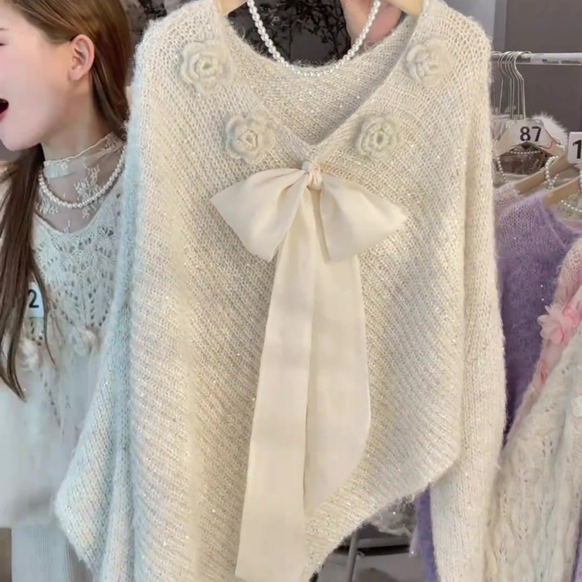10個セット エアリーな減齢リボンのスパンコールニットセーター女性の秋冬感はゆったりしている