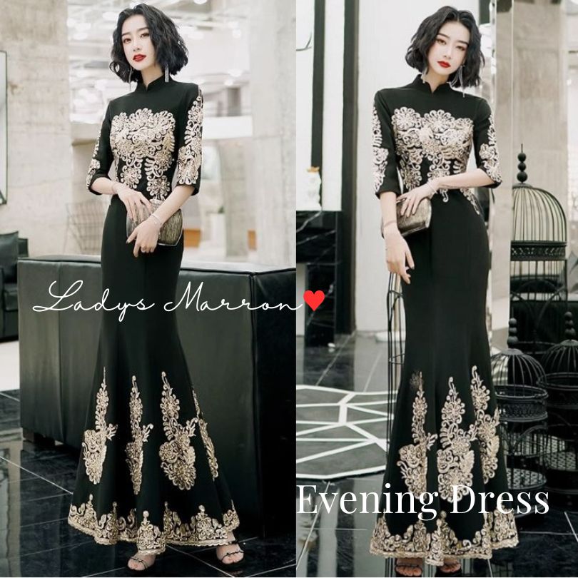 イブニングドレスロングドレス個性的袖ありパーティードレス超ロlングドレス演奏会衣刺繍マオカラー五分袖ロング丈ワンピースパーティーお呼ばれ二次会ゲストマーメード上品きれいめチャイナエレガント大人レディー