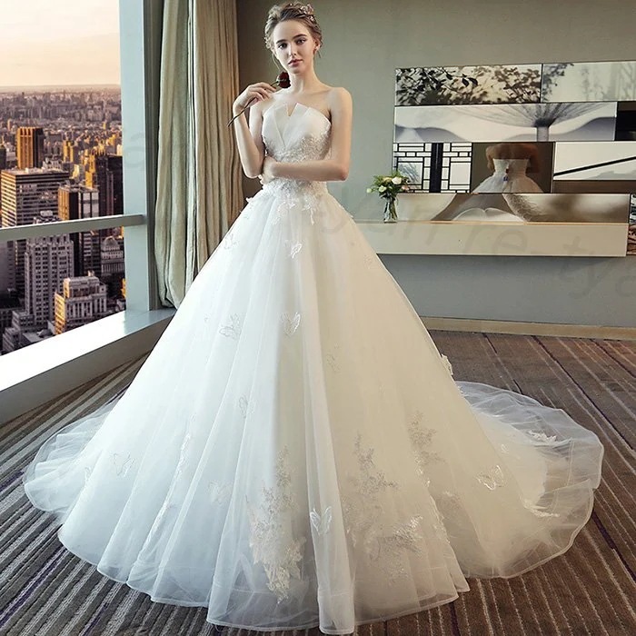 ウェディングドレス 結婚式 二次会 ホワイト 花嫁 プリンセスドレス 白ドレス ロングドレス 披露宴 編み上げ トレーンライン