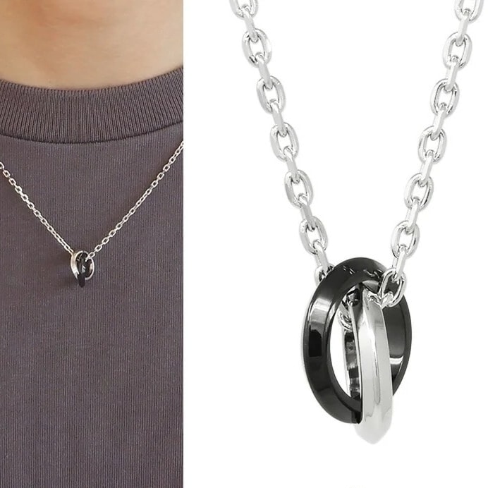 LH-1 エッジ ダブルリング ネックレス シルバー×ブラック サージカルステンレス316L 金属アレルギー対応 03NE0495BK ステンレスネックレ