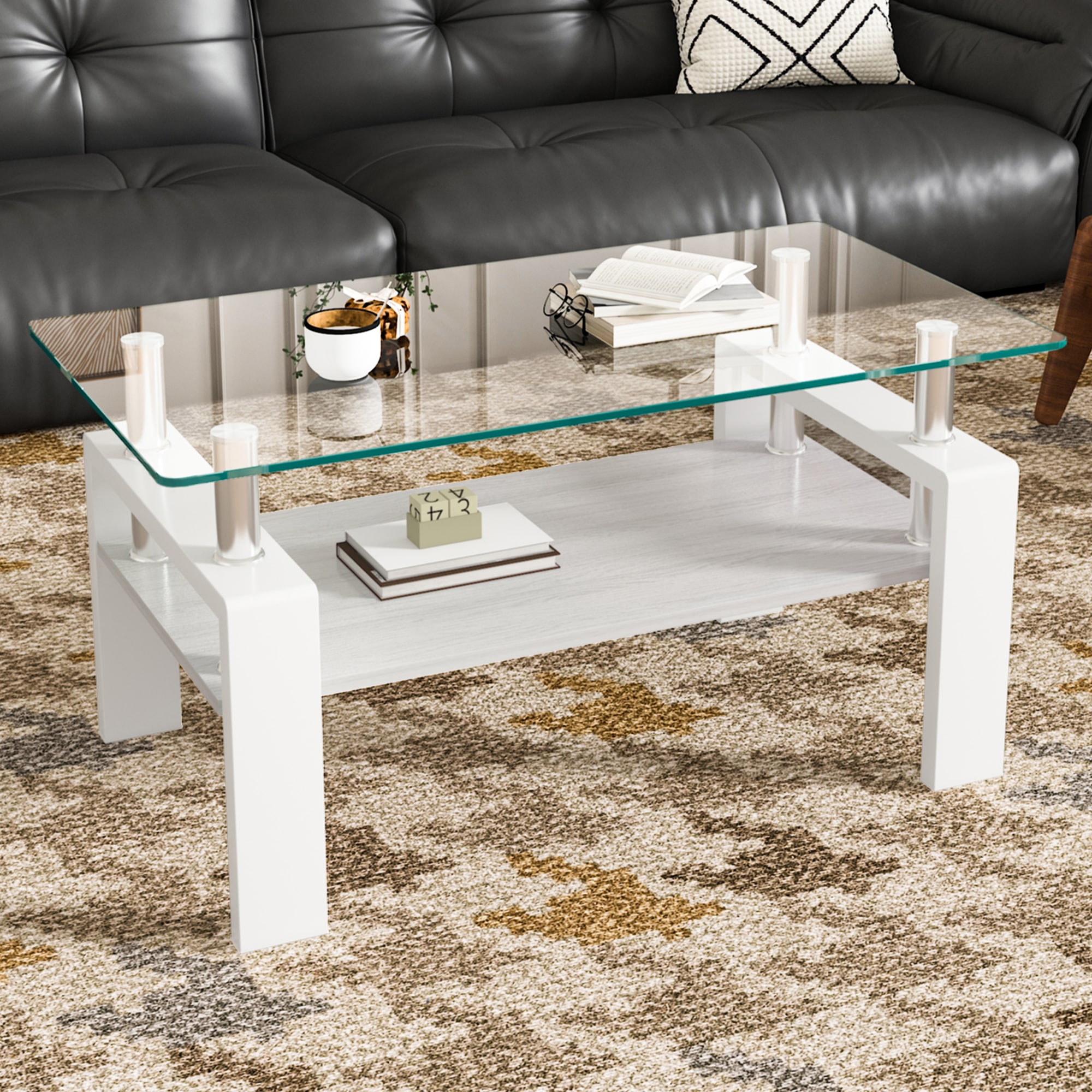 モダン長方形コーヒーテーブル 強化ガラス天板+MDF収納棚 リビング用 クリアガラス+ホワイト脚