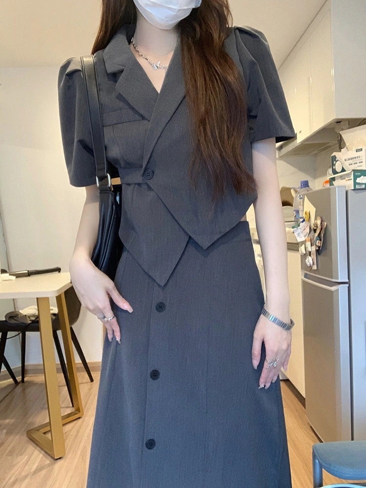 スカートスーツスーツスーツスカートプロフェッショナルスーツ韓国版夏の薄い部分スーツジャケット レディーススカートファッションスーツ 2024夏新しいスタイルグレーのスーツ子供ドレス