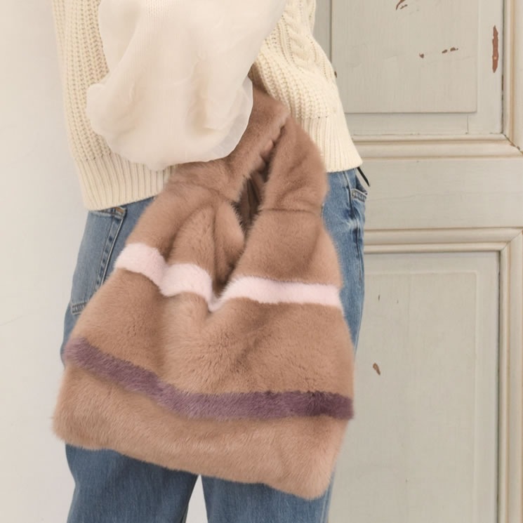 SAGA ミンク ファー ショッパー バッグ ストライプ (FB2960)