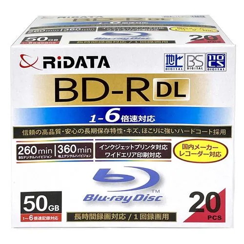 RiDATA BD-R260PW 6X.20P SC A 録画用BD-R DL スリムケース入り 20枚パック 1~6倍速 インクジェットプリンター対応 50GB ホワイト