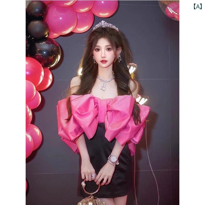 ドレス　パーティー　レディース 誕生日 バトルスーツ パーティー スモール ドレス ハイエンド ローズレッド ワンショルダー チューブ トップ