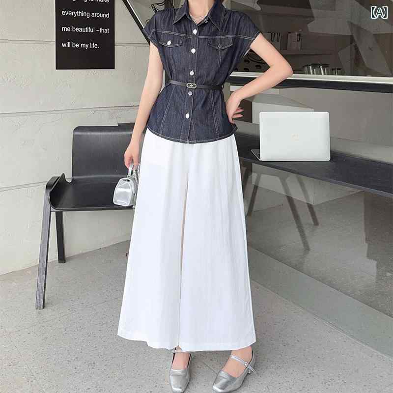 デニム　スタイル　レディース　 ファッション スーツ 2025 夏 韓国 レトロ ウエスト デニム ノースリーブ トップス ハイウエスト ワイド レッグ パンツ ツーピース