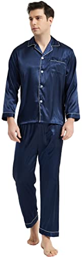 [KUMASEN] メンズ パジャマ シルク サテン 上下セット ルームウェア 部屋着 肌に優しい 前開き長袖 ネイビーXL