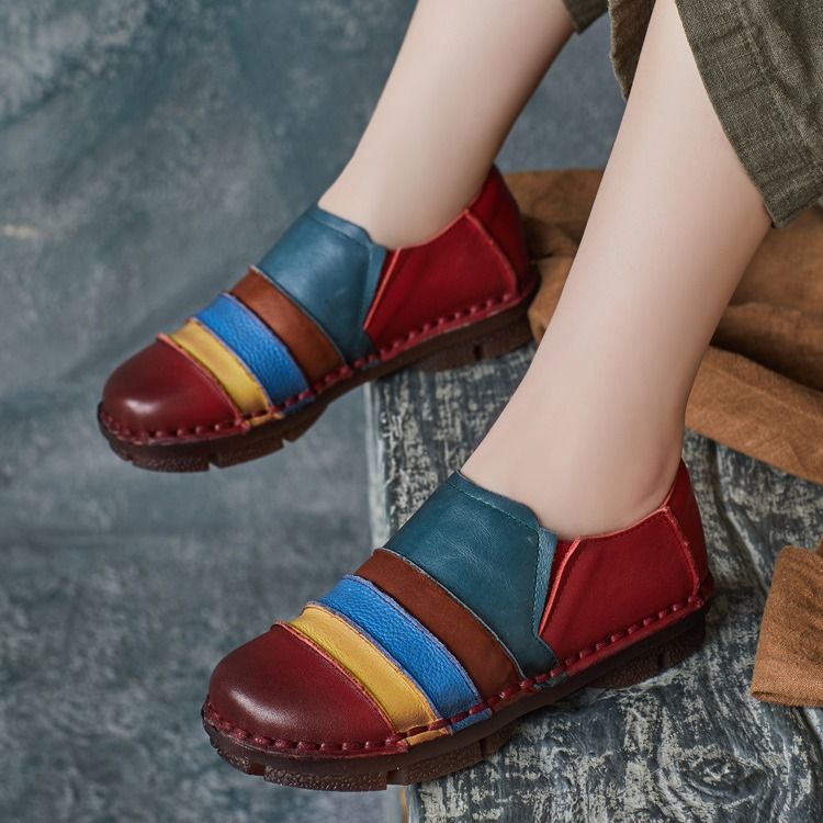 秋新作 レトロ民族風牛革ローファー 丸型つま先カラーブロックスリッポン カジュアルレディースドットシューズ