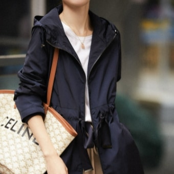 ウィンドブレーカー アウター ミドル丈 袖あり 長袖 フード ウエストリボン ファスナー 前開き