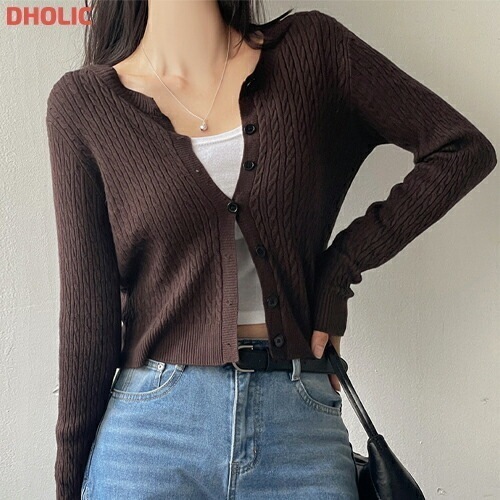 ニットラウンドネックケーブルクロップド長袖カーディガン・1934459