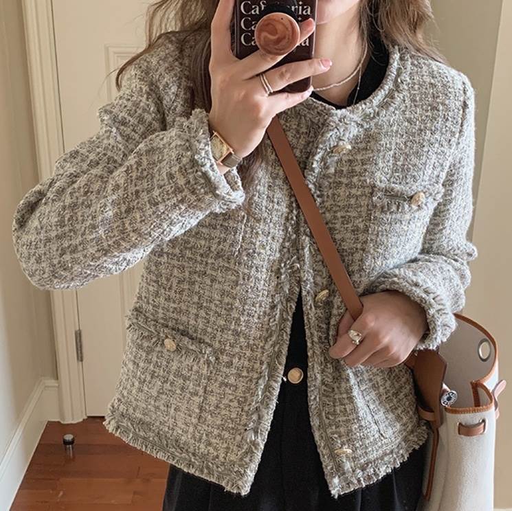 アウター レディース ジャケット ノーカラー ツイード 袖あり 長袖 ラウンドネック 襟なし 前開き今日は30パーセント