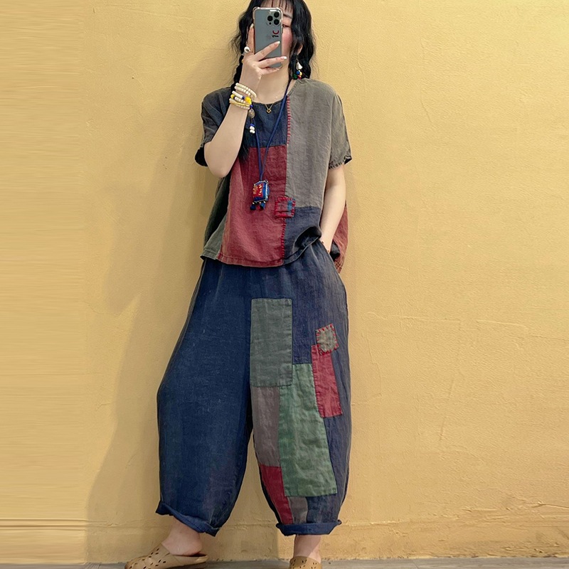 トップス パンツ 2点セット ツーピースセット クロップドパンツ ラウンドネック 半袖 ルーズ オーバーサイズ レディース かわいい シンプル カジュアル おしゃれ かっこいい レトロ こなれ感 ラフ