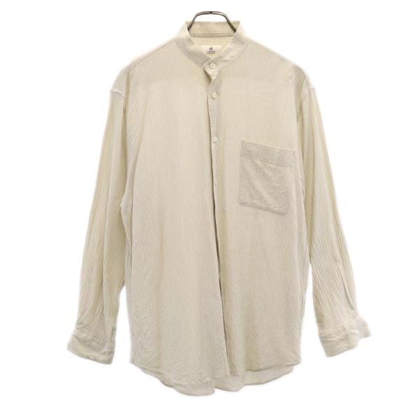 ストライプ柄 長袖 バンドカラー Tシャツ 48 ベージュ系 メンズ