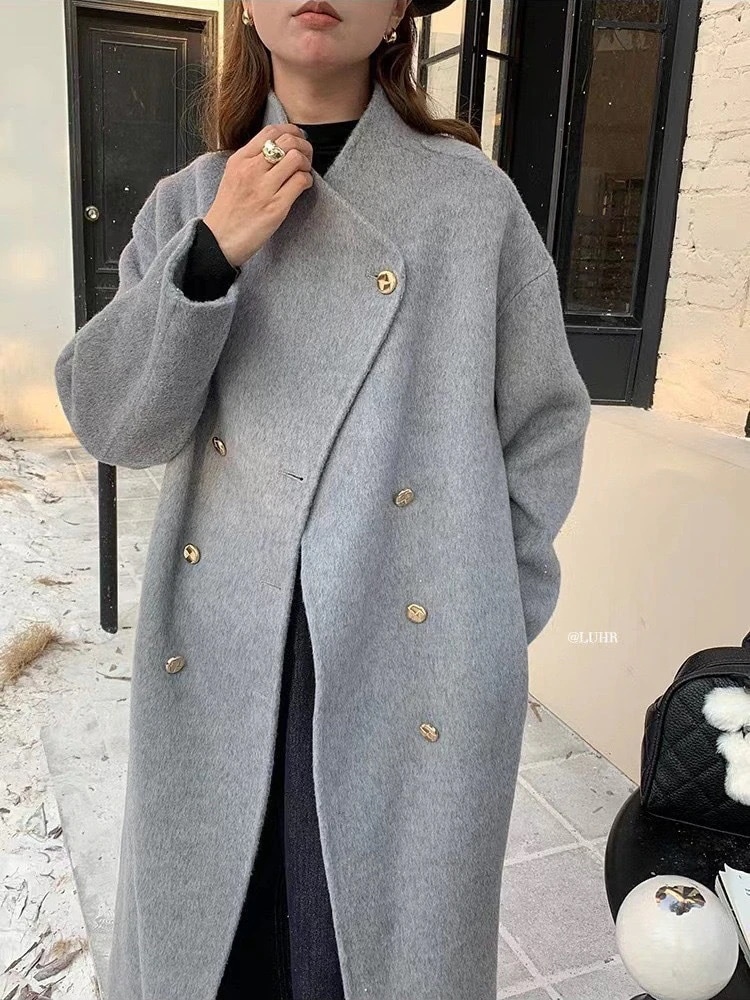 カシミヤリバーシブルラシャコート女秋冬厚手ゆったり長毛高級感超きれいグレーウールコート