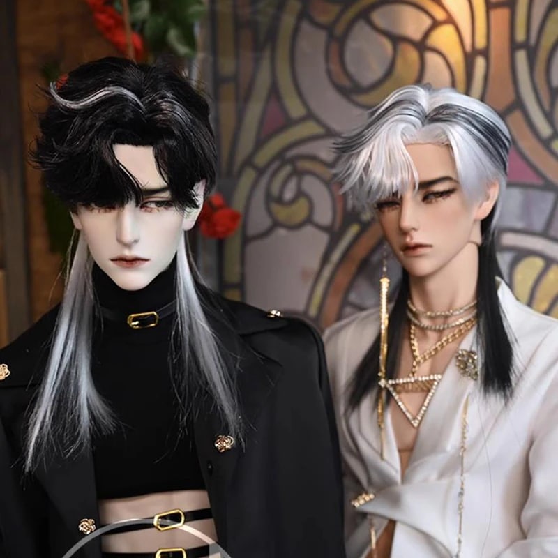 BJD 1/3 ドールウィッグ 外はね ウルフ 柔らかい高温糸 スタイリング ハイライト 黒&白 SD/小顔SDサイズ球体関節人形用ウィッグ