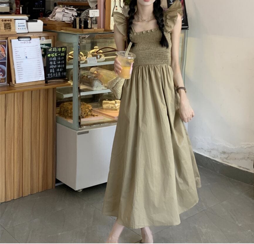 ワンピース 上着 人気 おすすめ おしゃれ お洒落 激安 安い プチプラ 半袖 ローウエスト スクエアネック Aライン マキシ 無地 ポリエステル ギャザー フレア フリル ウエスト lon