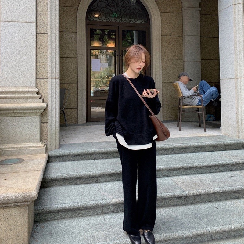 涼しく楽ちんセットアップベーシックニット ニットセーター フェイクレイヤード トップス 上下セット ゆったり ニット ワイドパンツ