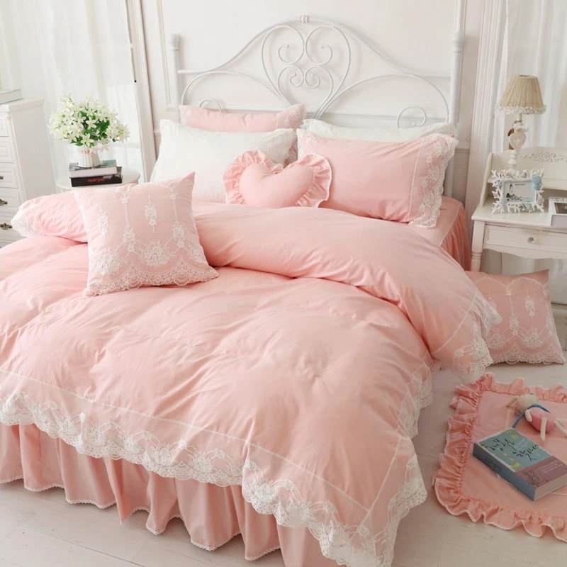 全5色 布団カバーセット ピンク 白 レース コットン100% ホワイト ブルー グリーン パープル 寝具カバーセット 綿100% 3点セット 4点セット ベッド用品 オシャレ シングル ダブル 掛け