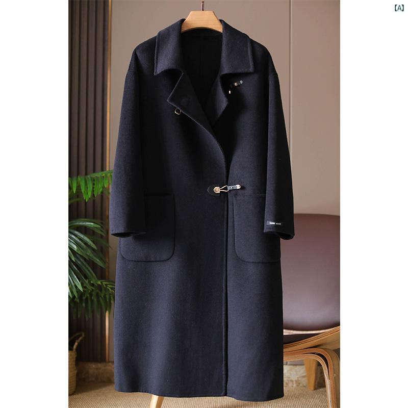 レディース ファッション　オシャレ　カジュアル　かわいい　綺麗 Koumi 秋冬 ジャージー ハイエンド 両面 コート ブラック ミドル丈 ウール レディース