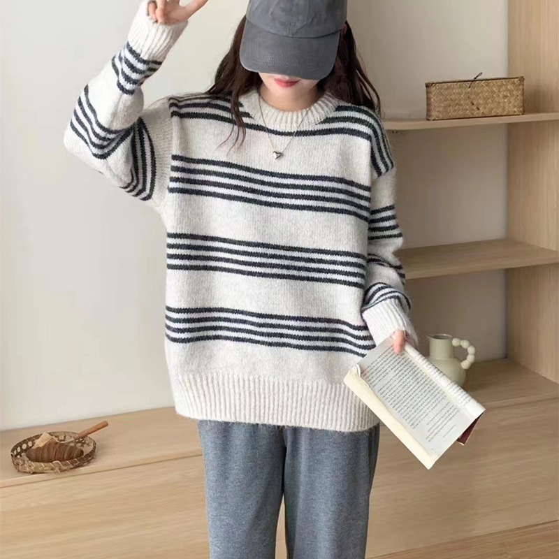 2025秋冬女性用西洋風ストライプ厚手セーター人気プルオーバーセーター長袖ボトムストップス