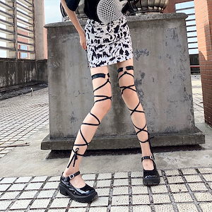 クロスストラップニーソックス夏ダークセクシーjk黒ストッキングレディーススリムレースアップレッグリングストッキング