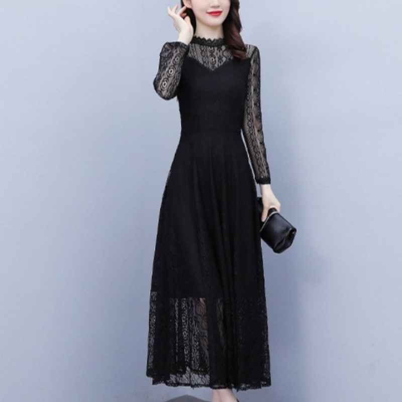 ワンピース ワンピドレス ロング ロング丈 袖あり 長袖 フレア スリム タイト 細身 Aライン レース 透け感 きれいめ 上品 おしゃれ お洒落 かっこいい アジアン 大人女子 こなれ感 個性的