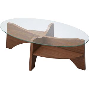 オーバル型 ガラステーブル/ローテーブル ウォールナット 幅105cm 強化ガラス天板 リビング ダ