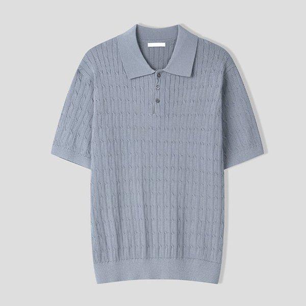 メンズベーシックケーブルカラーネック半袖ニットTシャツ AS-KNH-Q013-ソラ