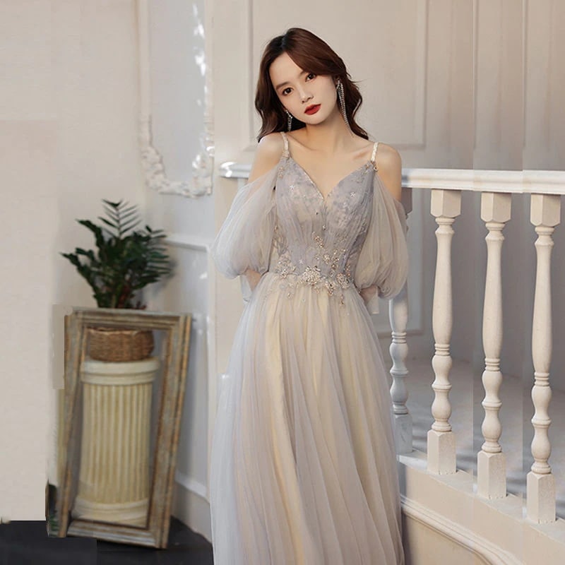 スーパーフェアリーイブニングドレス新しいパフスリーブ気質宴会ホストドレス女性パフォーマンス服秋30%制限