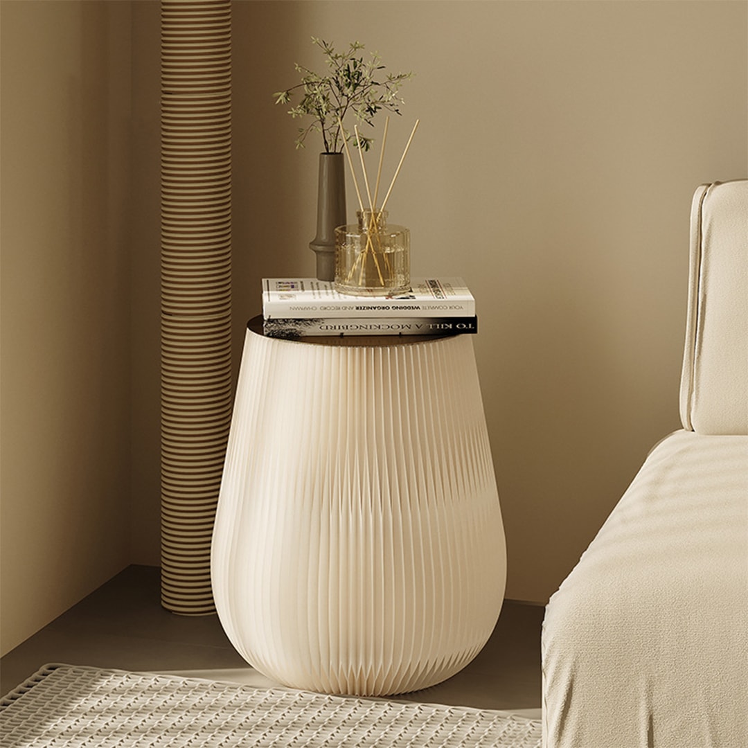 クーポン利用で10%OFF CAGUUU 折りたたみ式 クラフト紙サイドテーブル 2WAYデザイン 軽量 コンパクト おしゃれなリビング インテリア家具 白＆グレー 丸形