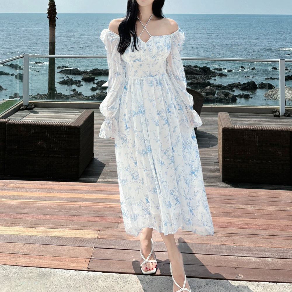 ディーエル スクエアネック フレア シフォン ロングワンピース