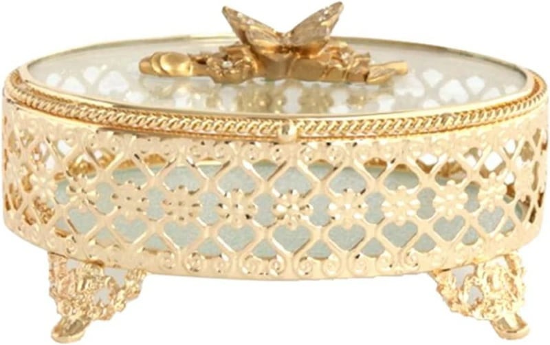 ジュエリーケース アクセサリーケース 小型 透かし彫り ガラス 姫風 ゴールデン ピアス 指輪置き リング エアリング アクセサリー収納 ジュエリーケース 女性