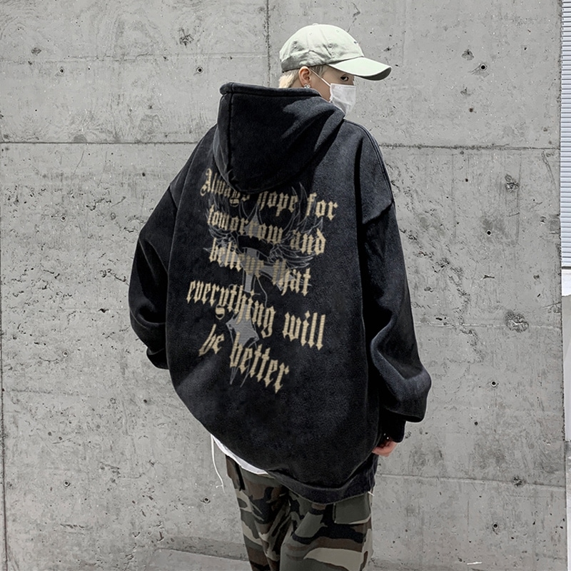 欧米のアメリカンレトロセーターメンズ春秋モデル潮プレートプルオーバーハイストリート印刷フード付きジャケット