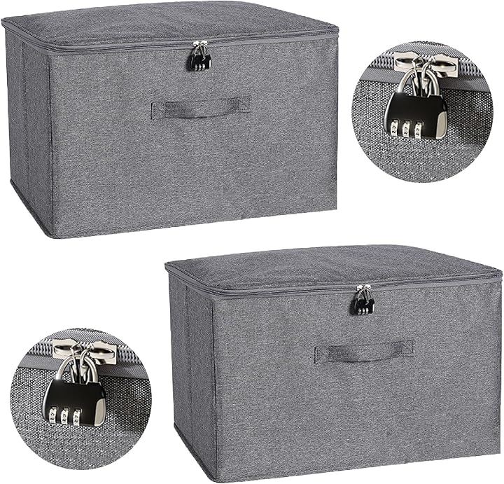 収納ボックス 鍵付き ダイヤル錠 収納ケース 大容量 折りたたみ 取っ手付き 衣類 ふた付き おしゃれ 布製 ファスナー(グレー, M（2個セット）)