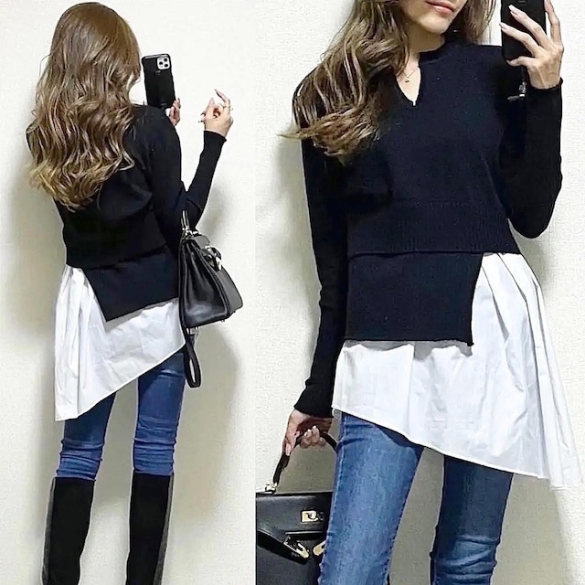 ニット セーター アシンメトリー 長袖 袖リブ 韓国 レディース オルチャン サイドカット 白 ホワイト 黒 ブラック ウエストリブ 細身 個性的 ロングシャツ Vネック 女子会 可愛い