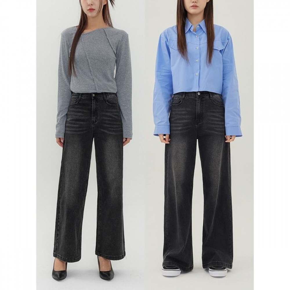 [ジンマニア] 2レングスブラックウエストバンドブーツカットワイドフィットデニムレディースパンツ (ベーシック丈/ロング丈) 5,659円