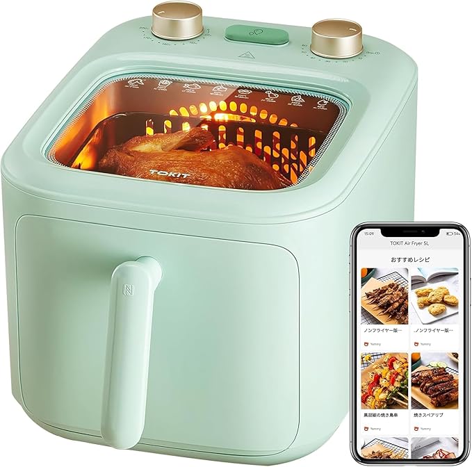 ノンフライヤー 5L 大容量 エアフライヤー 電気フライヤー NFCレシピ付き 油不要 サンルーフ式 可視化ガラス窓 省エネ 360循環焼き 裏返し不要 卓上 揚げ物 惣菜 家庭用 食洗機対応 ピス