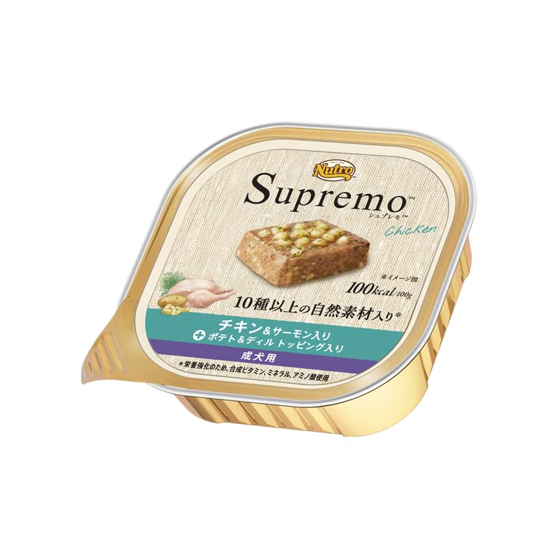 シュプレモ ウェット パテタイプ 成犬用 全犬種用 100g×24個 チキン&サーモン入り ポテト＆ディル トッピング入り トレイ 缶詰 総合栄養食 ドッグフード 犬 まとめ買い 厳選自然 5,624円
