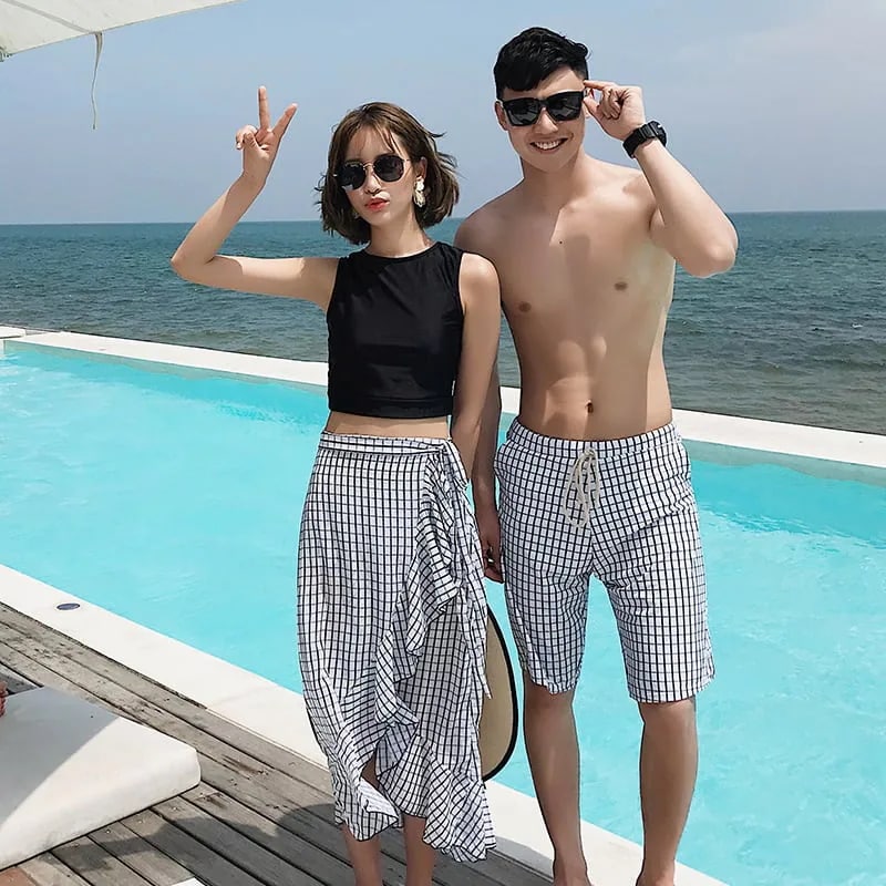 [男女セットで購入も可能] 水着 ビキニ 水着ビキニ 3点セット 韓国 水着 スカート付き マイクロビキニ ブラック レース 20代 30代 無地 リ