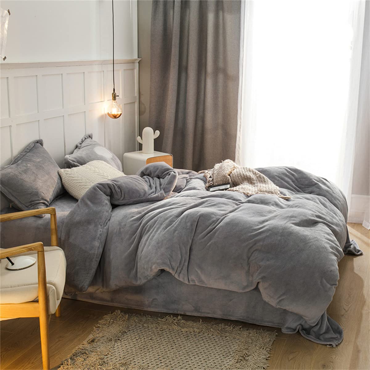 Gsogcax 掛け布団カバー セミダブル あったか 吸湿発熱 フランネル 掛けカバー 寒さ対策 洗える なめらか 毛布にもなる2WAY仕様 全開ファスナー 8ヶ所ループ付き (グレー, セミダブル1