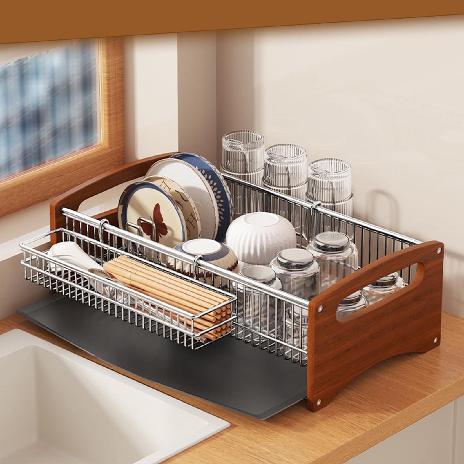 水切りラック ステンレス 水切りカゴ キッチン 大容量 省スペース 食器水切り 実木製 W49.2*D27*16.5