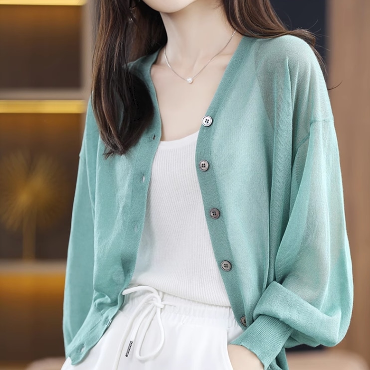 トップス カーディガン ミディアム丈 袖あり 長袖 ボリューム袖 Vネック 襟なし 前開き 透け感 サマーニット 薄手 かわいい 大人可愛い シンプル 大人 おしゃれ お洒落 大人女子 無地 夏 秋