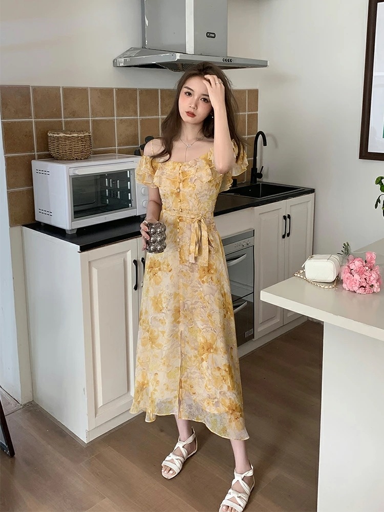ロングワンピース 花柄 ワンピース シフォン レディース ミモレ丈 膝下 Aライン 薄手 涼しい サマードレス リゾート フェス ビーチ リボン ガーリー かわいい シンプル 楽チン ゆったり リラッ