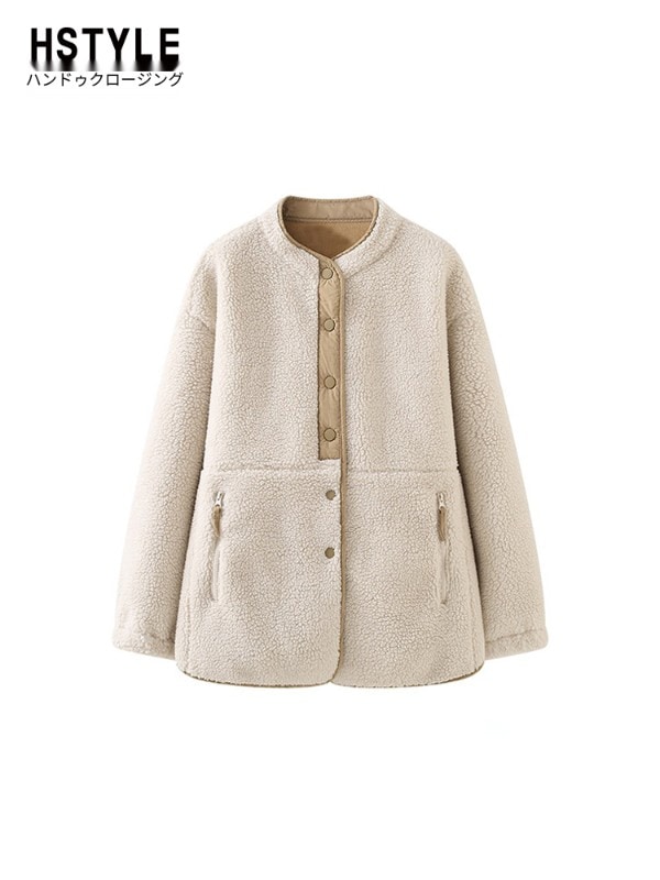 ラ・シャペル グレーブルー 春新作 フード付き コーデュロイ スプライシング イミテーション ラムウール ジャケット レディース ミディアム丈 高級ファッション