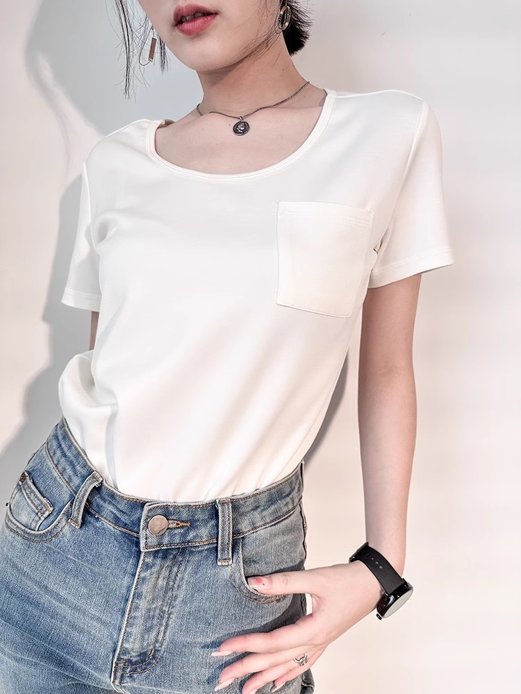 ポケット T ホワイト トップス 夏 レディース ラウンドネック 薄手 バージョン カバー ゆったり イン 大きめネックライン 半袖 トップス Tシャツ 白シャツ 袖あり 半袖 ラウンドネック