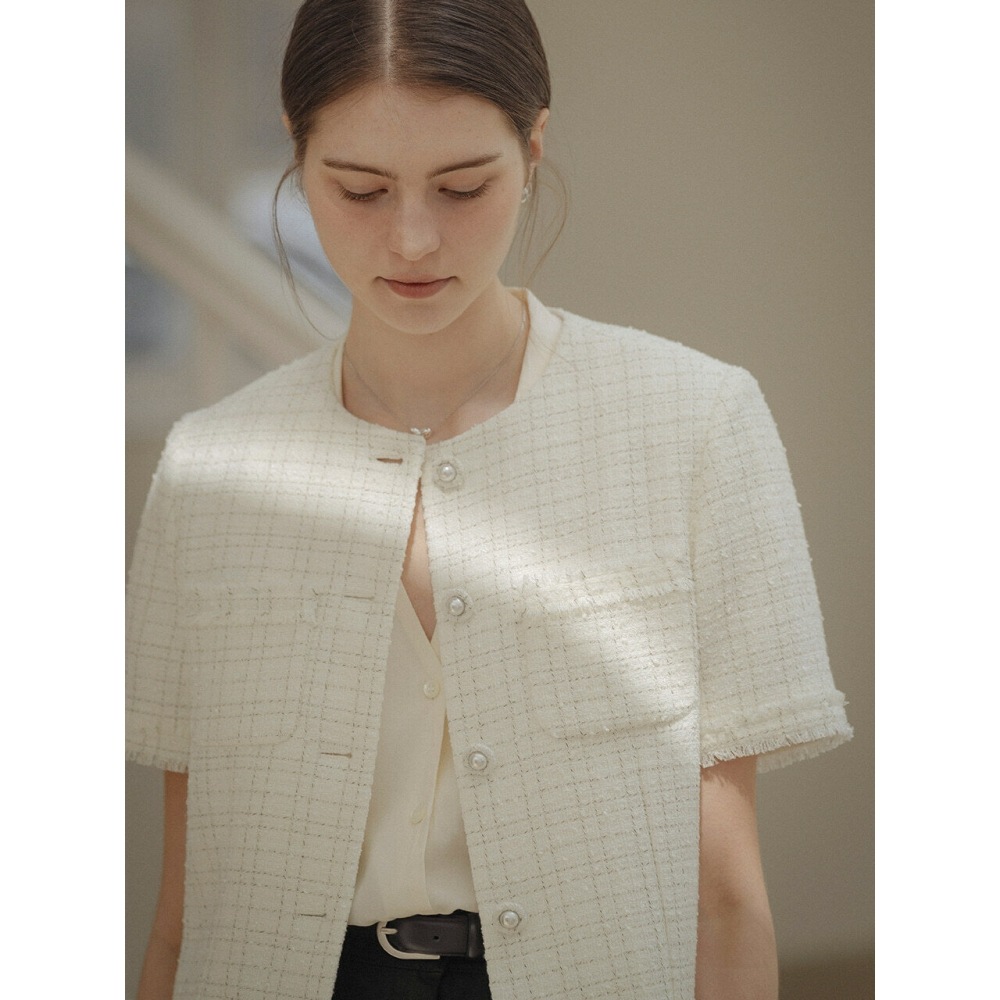 TILLIDIE フリンジディテールハーフスリーブツイードジャケットアイボリー