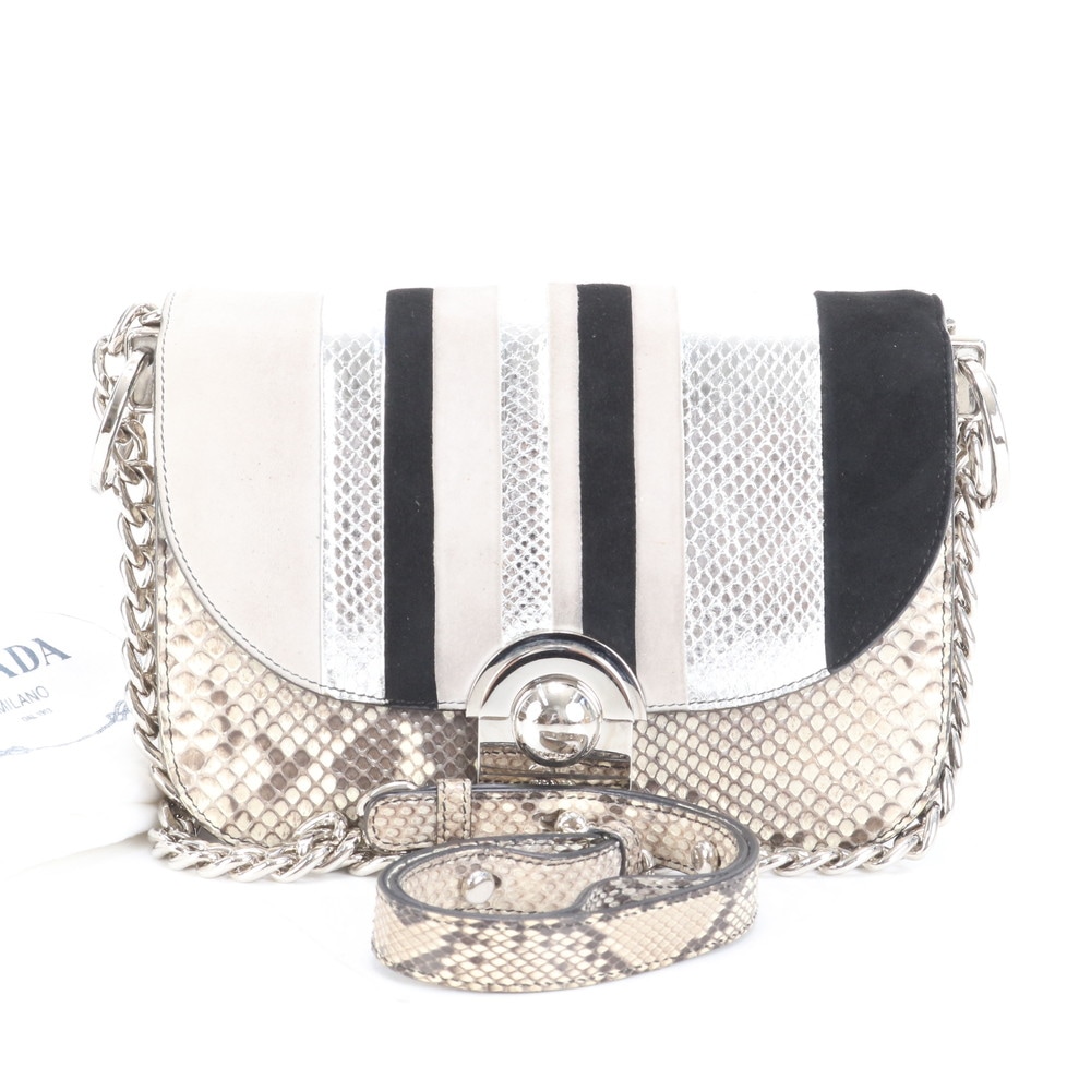極美品 シルバー チェーン パイソン レザー 2WAY ショルダーバッグ 斜め掛け ハンド トート レディース EEE CP32-7 中古