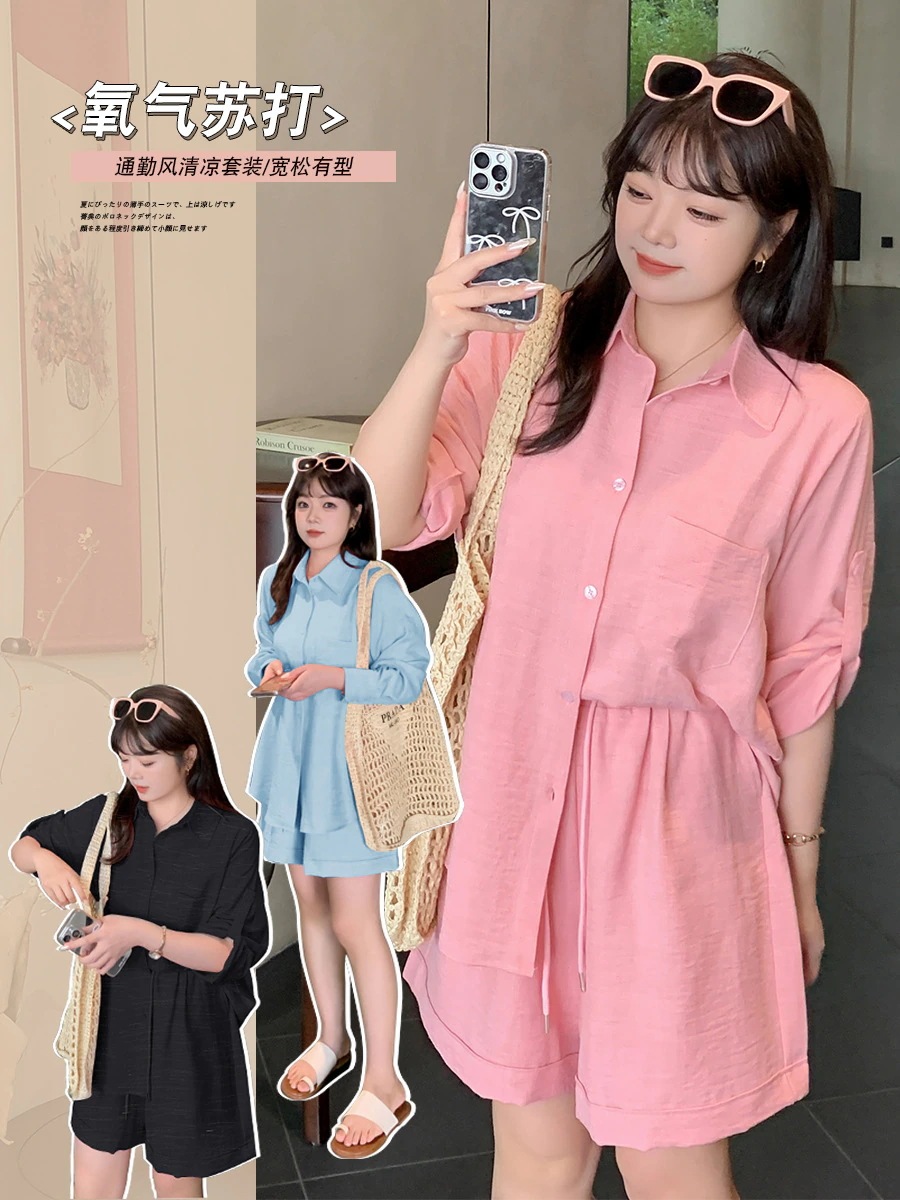 【ぽちゃまに】 夏 上下セット 大きいサイズ シャツ+ショートパンツ 体型カバー カジュアル 薄手 セットアップ メガ割30%までに制限
