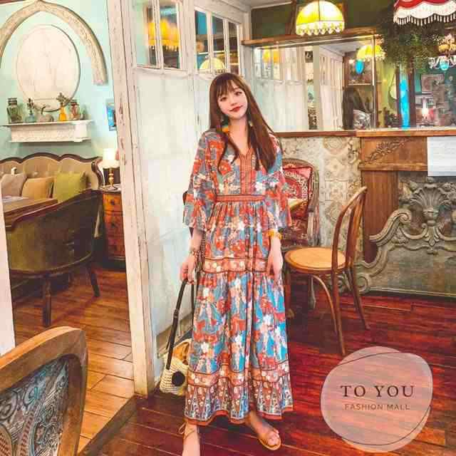 【2025新作入荷】ワンピース 春 ワンピース ロングワンピース レディース 春 40代 総柄 エキゾチック ボヘミアン フレア マキシ丈 春ワ